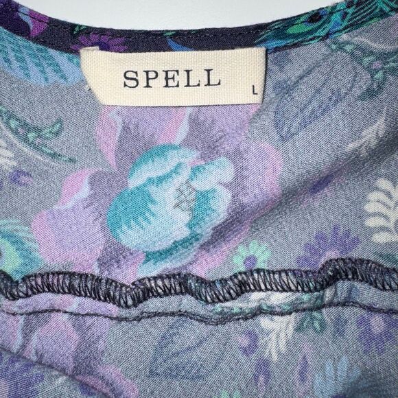 Spell * Peacock Floral Viscose Maxi Slip Dress Purple Teal Boho Ruffle | Large - Picture 11 of 14